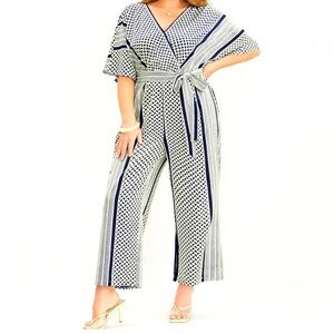 Geometric Contrast Dolman Sleeve Pocket Belted Wrap Jumpsuit